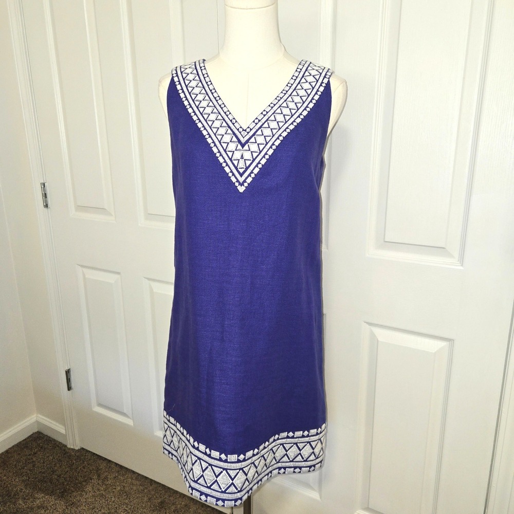 Kate Spade Shift Dress Women 4 Blue Linen Cotton Embroidered V-Neck Sleeveless